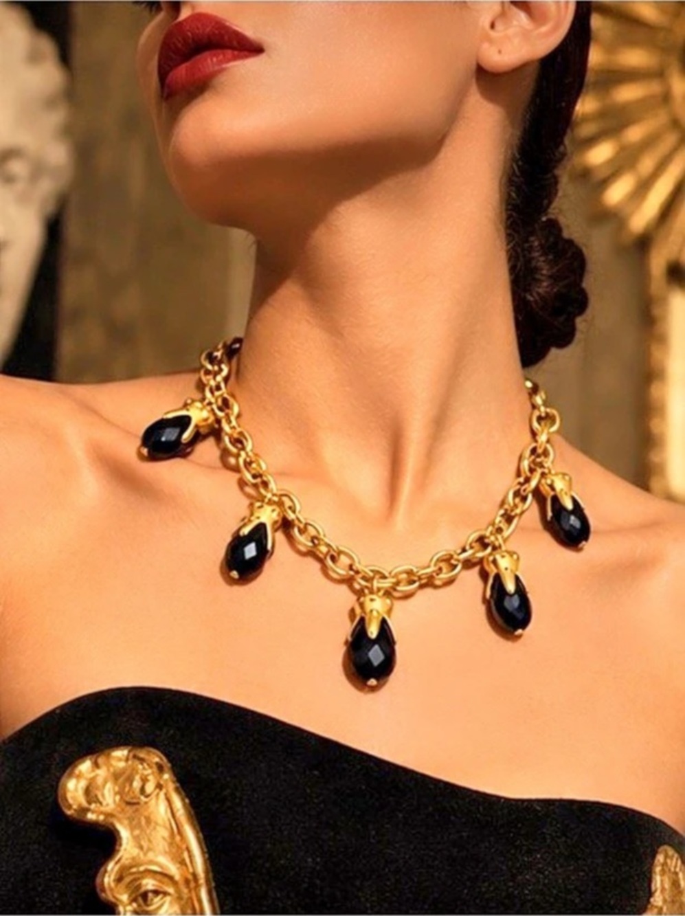 Haute Couture Onyx Gold Charm Necklace | Opulent Sculptural Chain